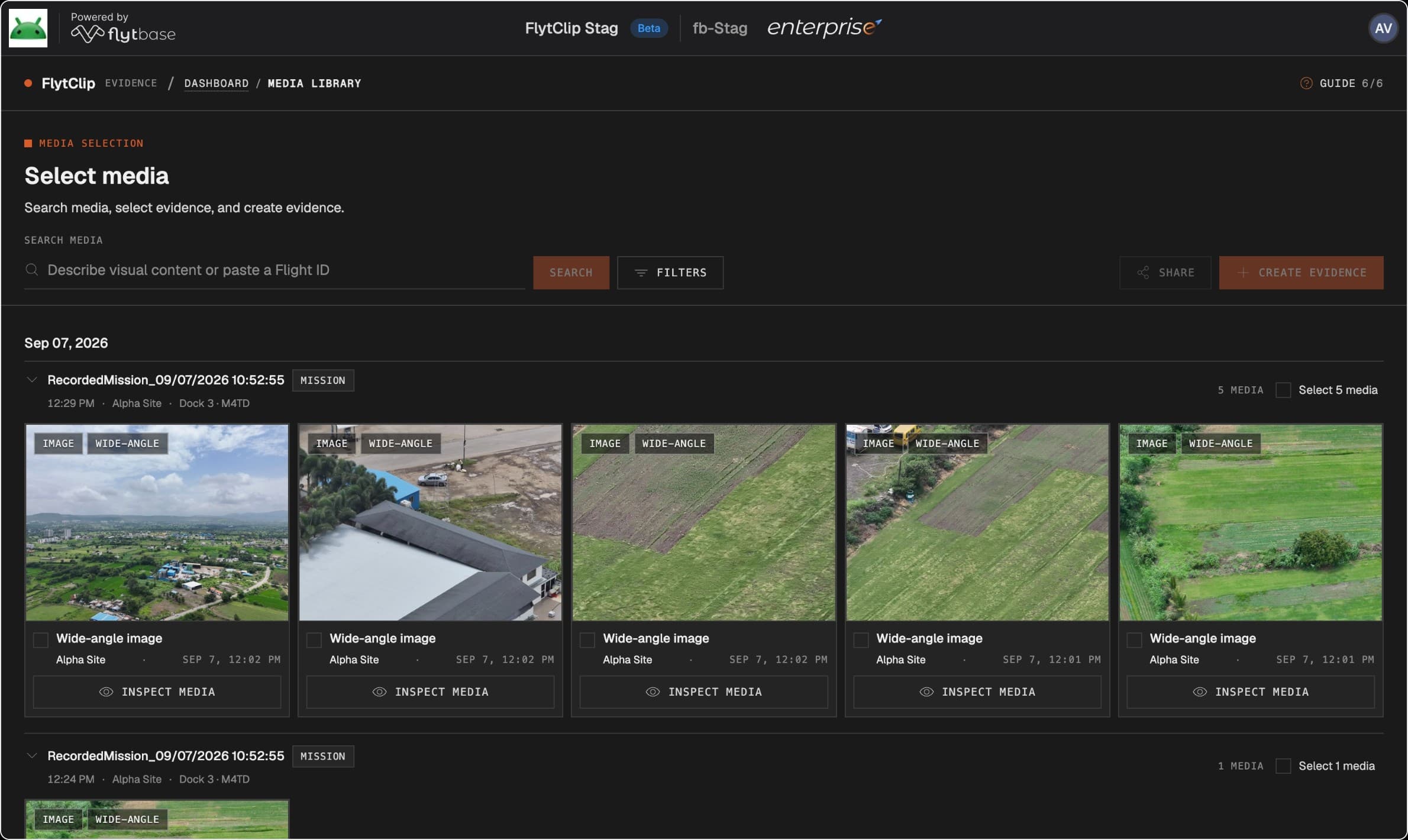 FlytClip media selection showing mission clips ready for an evidence package.