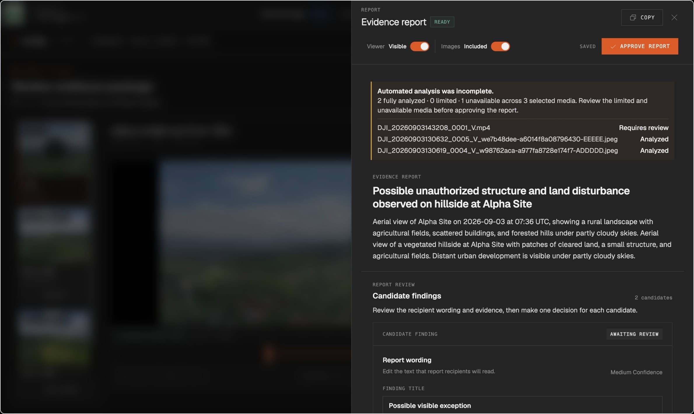 FlytClip report drawer with draft findings and approval controls.