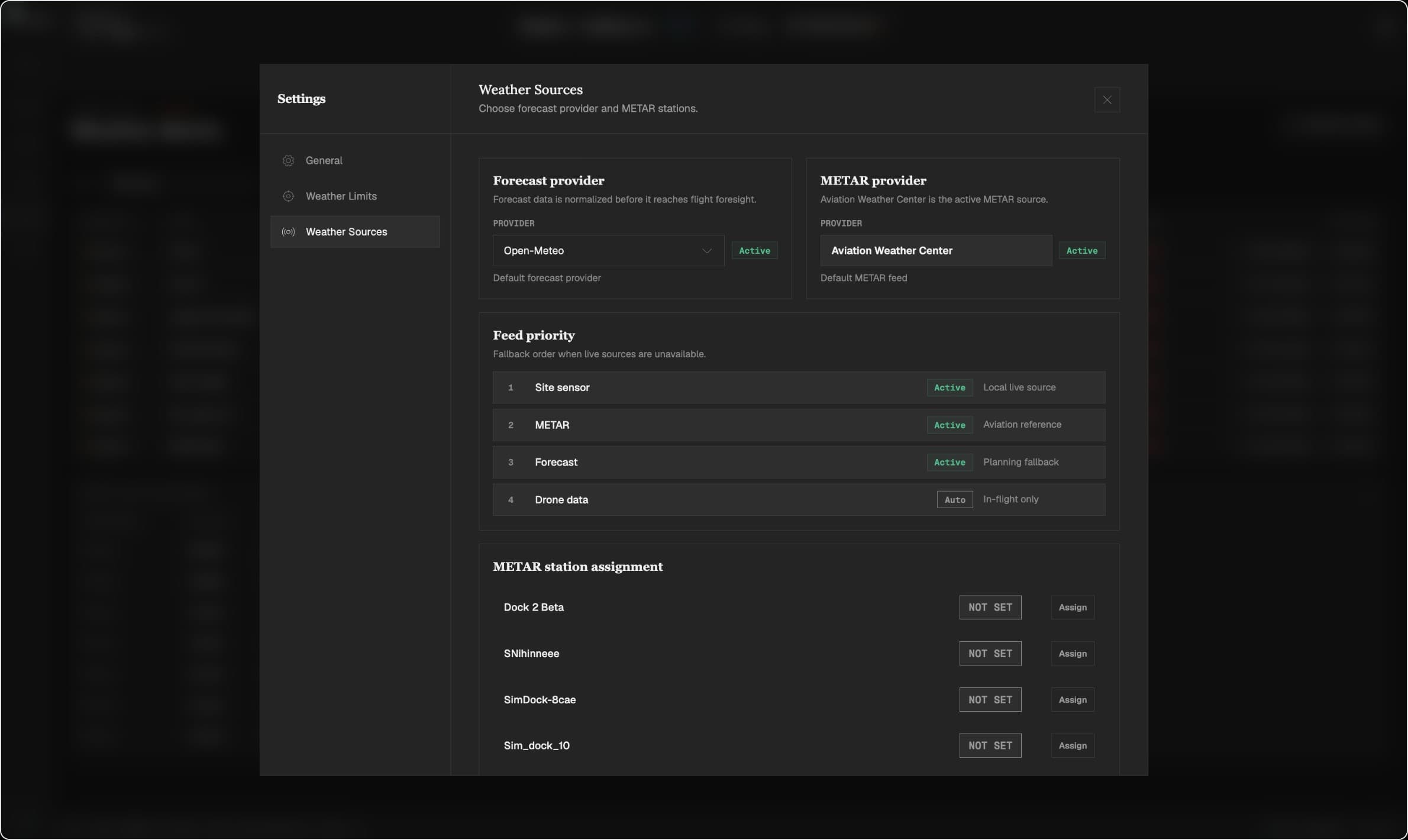 Weather provider settings for an organization-level exception.
