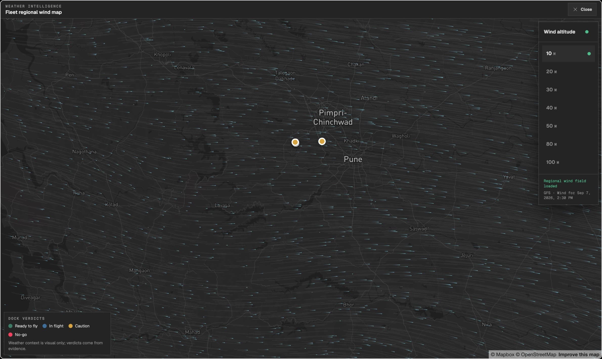 Regional wind visualization with altitude-aware data on a map.