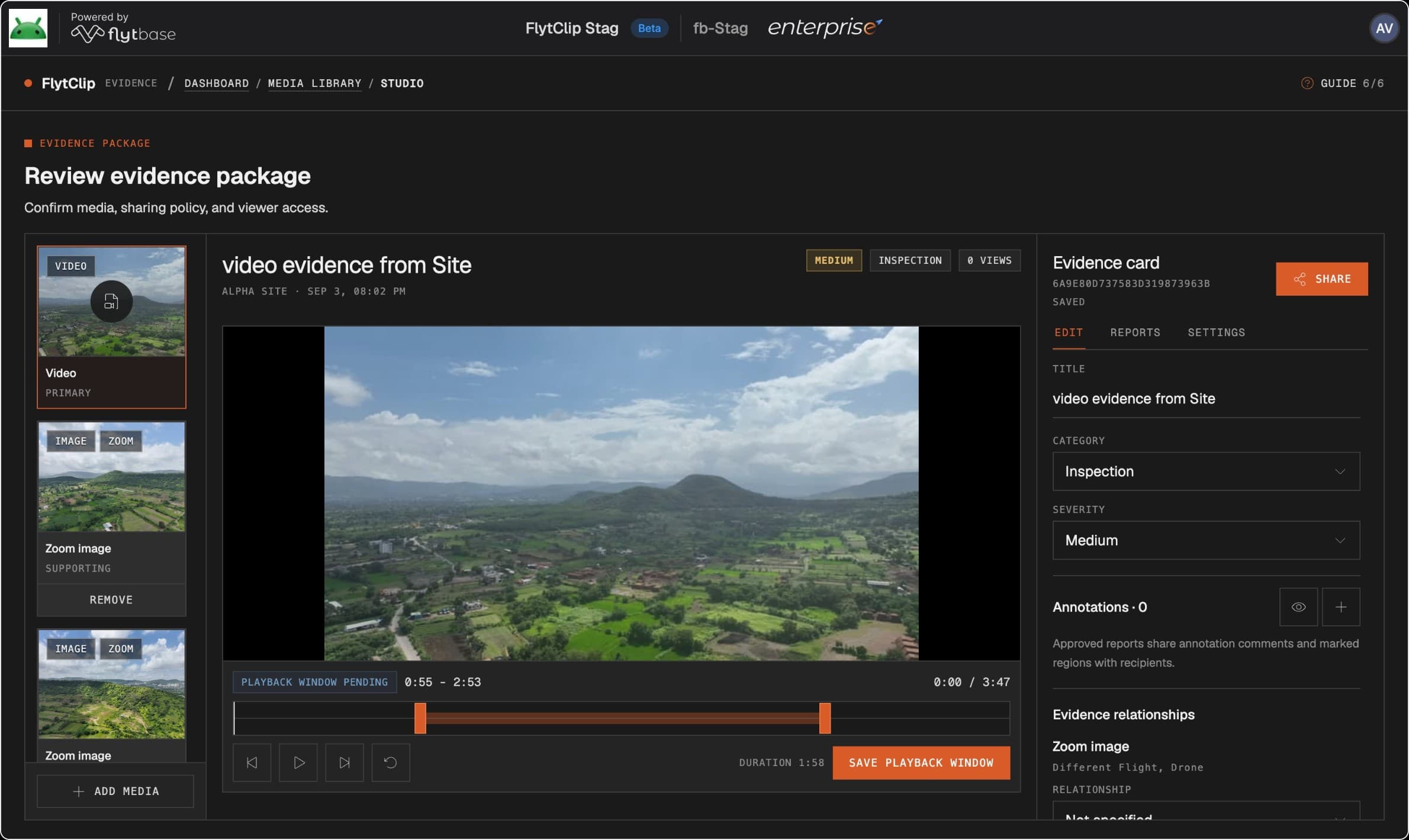 FlytClip Studio showing mission footage, selected media, and report review.
